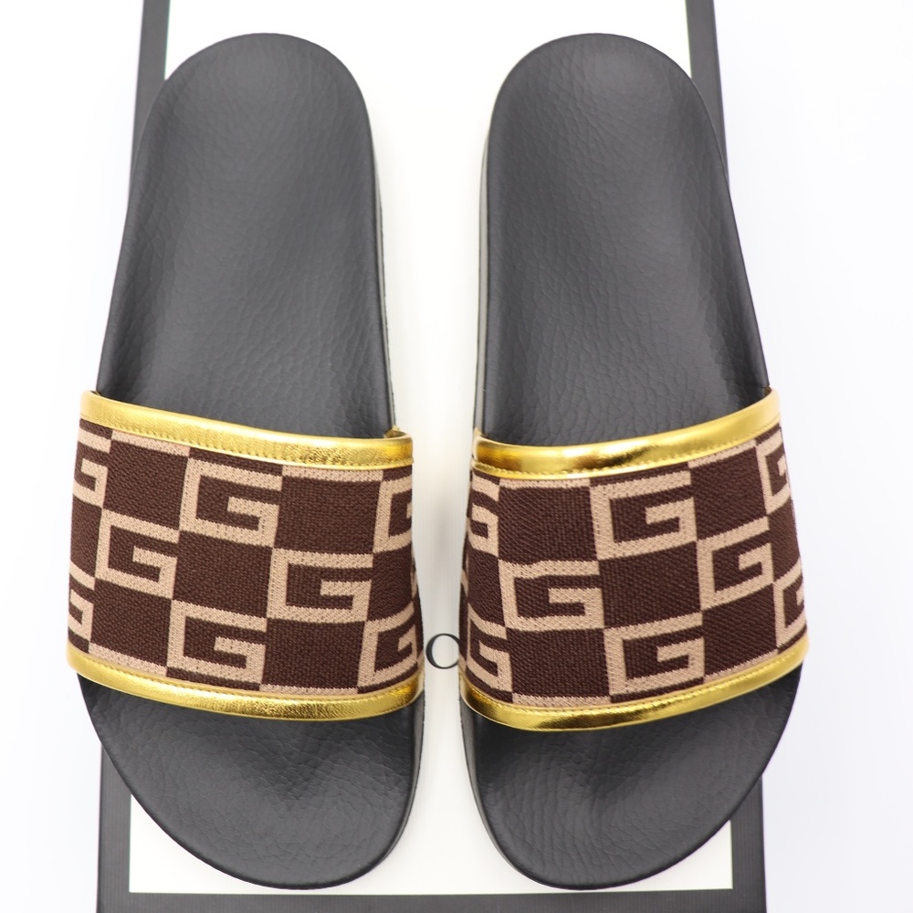 GUCCI Pursuit GG Knit Brown Gold Slide Sandals - Picture 4 of 8